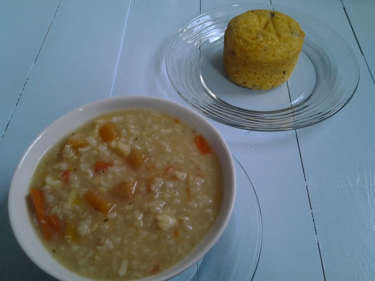 Fish soup with a corn bread muffin