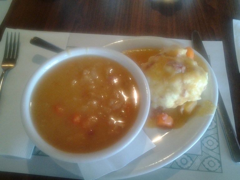 By the Sea Café Pea Soup and doughboy! With tons of salt beef!