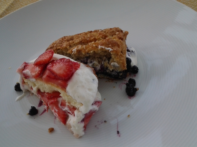 Strawberry shortcake and blueberry scone were much prettier before we split them, Fogo Island Inn Menu