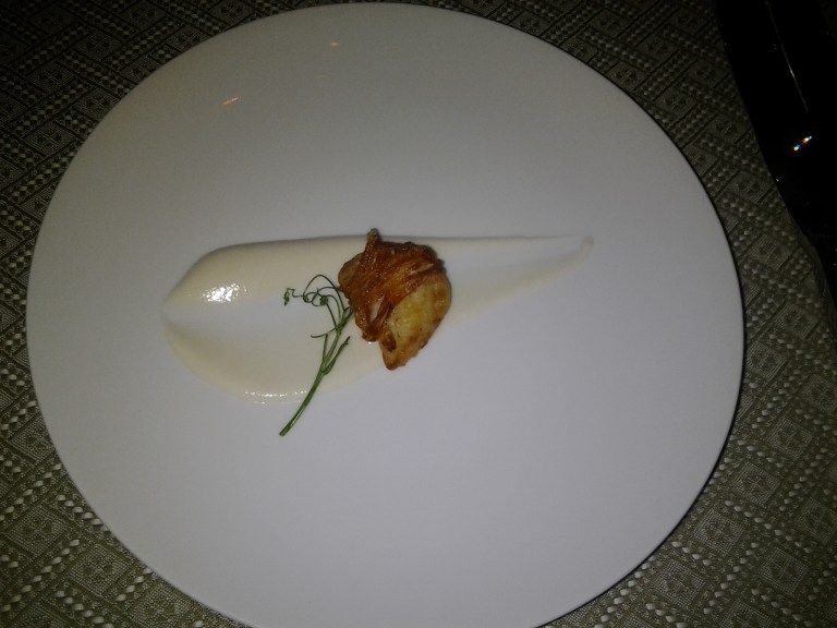 Amuse-bouche was a potato wrapped scallop, Boxing Day, Fogo Island Inn