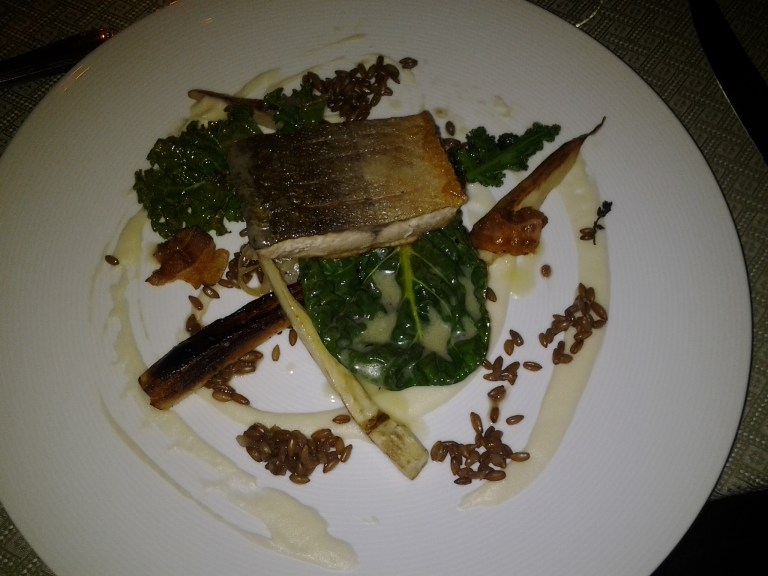 Arctic Char from Labrador, pureed and roasted parsnip, greens and wheat berries. Fogo Island Inn