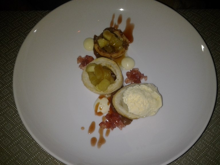Apple pastry with red apple syrup and Labrador Tea ice cream, Fogo Island Inn