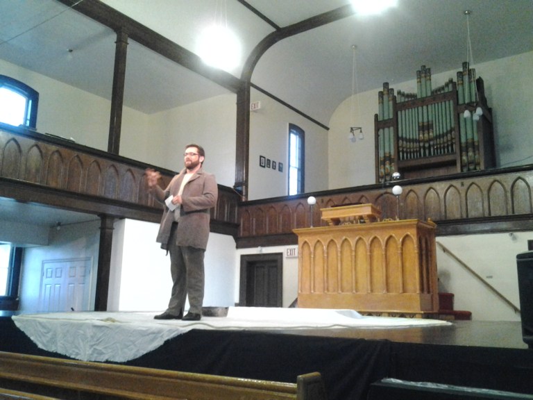 Greg White educating the masses with trivia questions about the seal populations and  life span. Northeast Twillingate Church Museum 