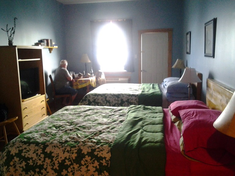 Our room at Inn at the Cape in Cape St. George. The door opens onto a large shared deck overlooking the ocean.