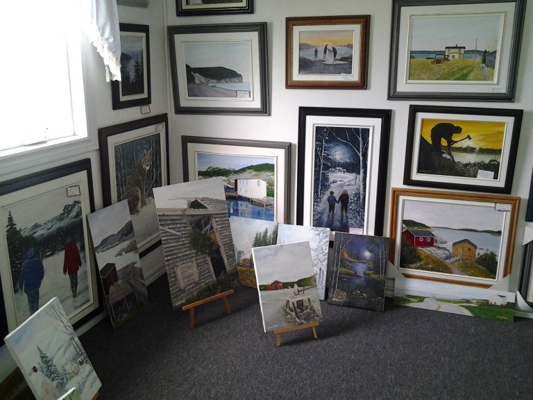 Various sizes of original art, framed and unframed by Mickael Lainey,Island Studio Art Gallery, Mainland, Newfoundland