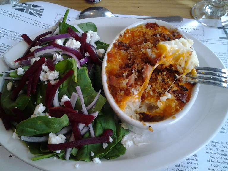 Nice big chunks of cod in the cod au gratin with a spinach and beet salad, Old Shoppe Restaurant, Newtown, NL May 31, 2015 